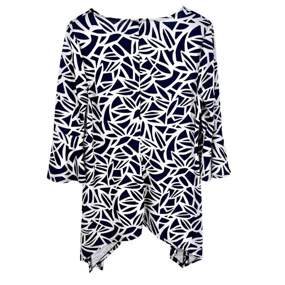 Slinky Brand Sz PM Petite Medium White Navy Blue Stretchy Blouse Shirt Top - Picture 7 of 7